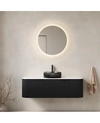 Sillysis Wall Mounted Bathroom Vanity with Glass Vessel Sink, 3D Stripe Plywood Cabinet, Soft Close Drawer, Pre-assembled