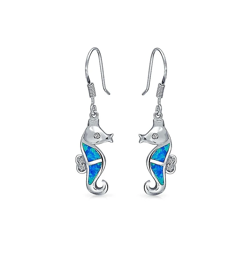 Bling Jewelry Created Opal Dangle Seahorse Earrings Fish Wire Sterling Silver