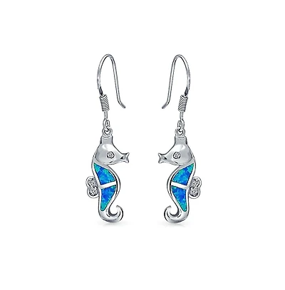 Bling Jewelry Created Opal Dangle Seahorse Earrings Fish Wire Sterling Silver
