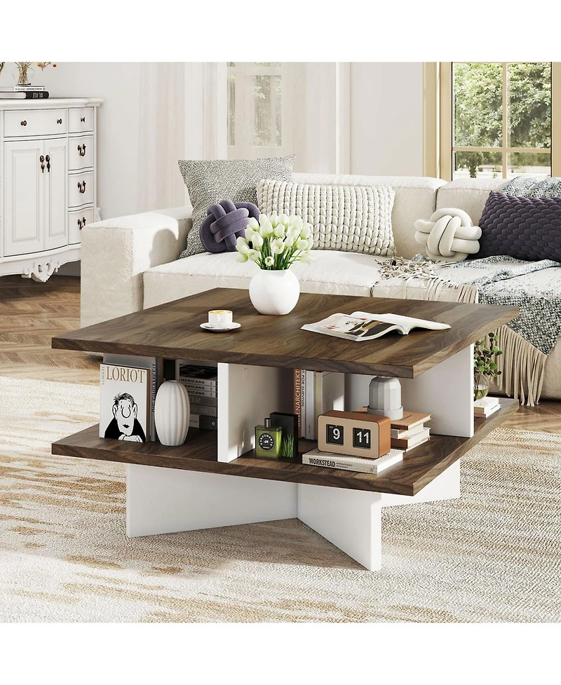 Gymax 2-Tier Square Coffee Table with Storage Farmhouse Modern Accent Table Center Table