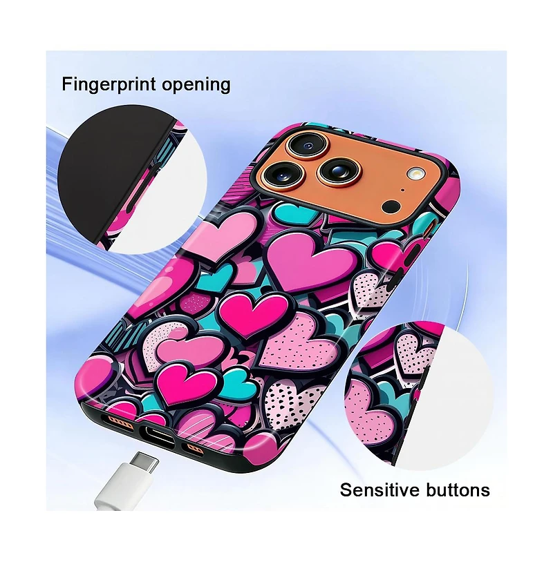 Gonez Case for iPhone 17 Pro Max, 2-in-1 Dual-Layer Shockproof Protection, Cute Heart Print Glossy