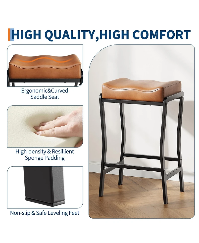 gaomon Counter Height Bar Stools Set of 1, Barstools with Thick Padded Seat, Metal Frame and Footrest, Faux Leather Saddle Stools for Kitchen
