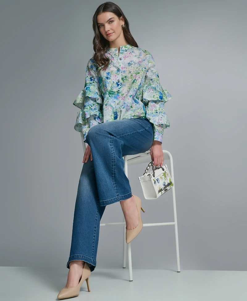 Karl Lagerfeld Paris Women's Long-Sleeve Collared Printed Shirt