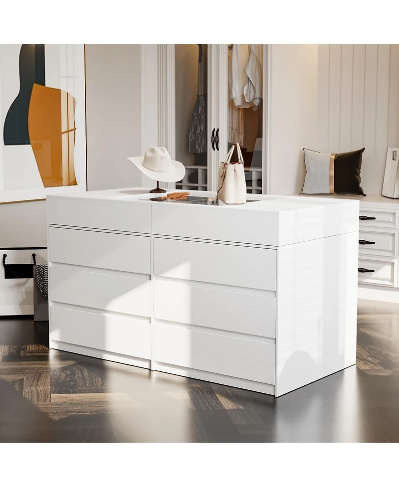 Homsee Modern 63 Inch 12-Drawer Bedroom Island - Tempered Glass Top | Engineered Wood | Smooth Glide Drawers
