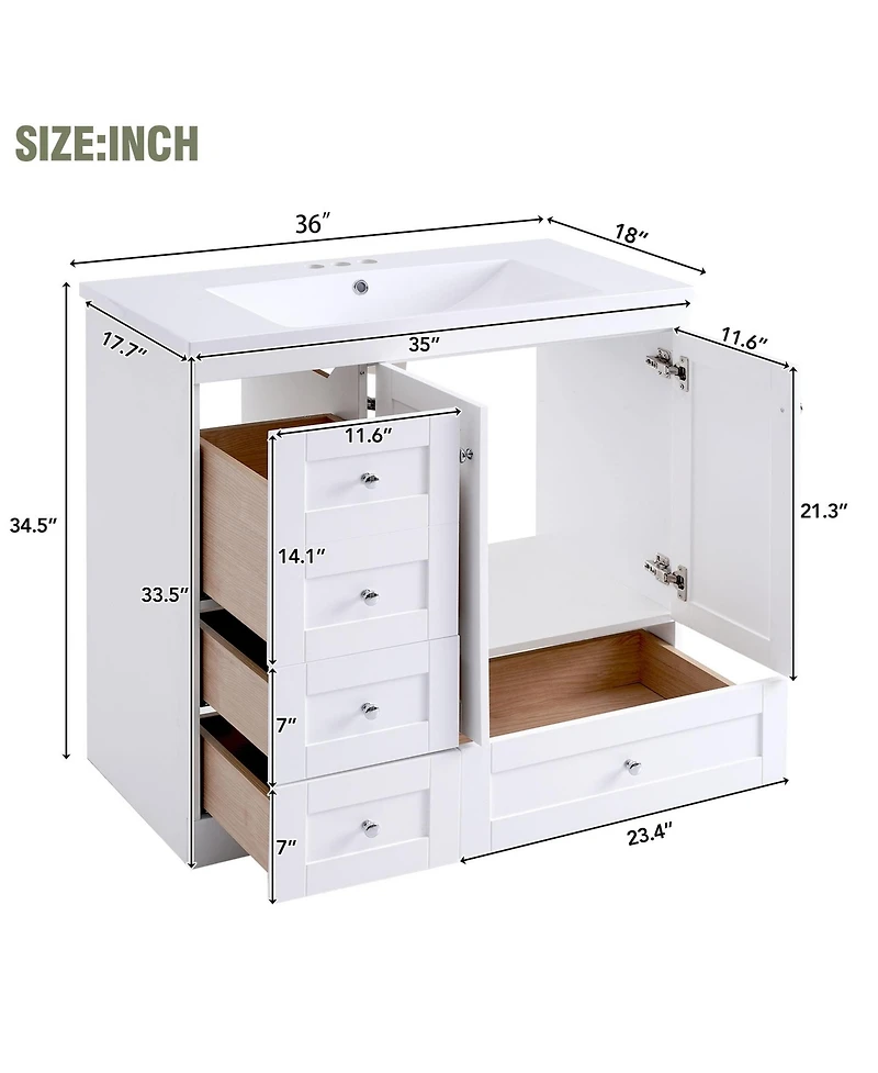 Busdays 36 Inch Shaker Style Free Standing Bathroom Vanity Cabinet with Sink 4 Soft Close Drawers and 2 Soft Close Doors