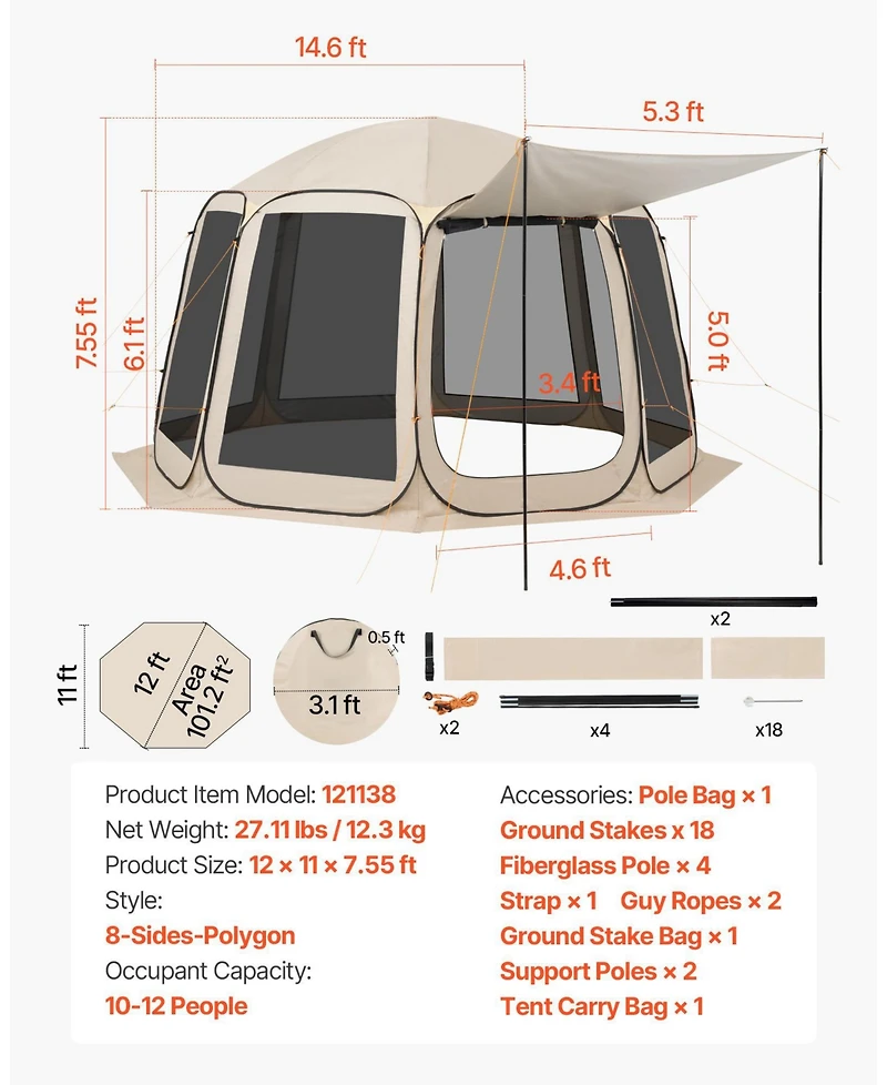 Cozito Screen House Tent, 12 x 11 ft 10-12 Person Pop Up Canopy with Awning