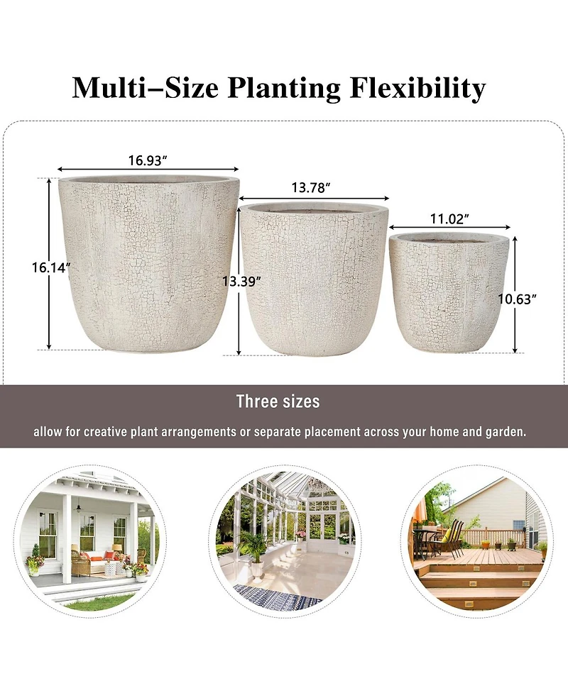 Asagikoiai3-Piece Mgo Outdoor Planter Set with Drainage, Crackle Stone Pots for Garden and Patio