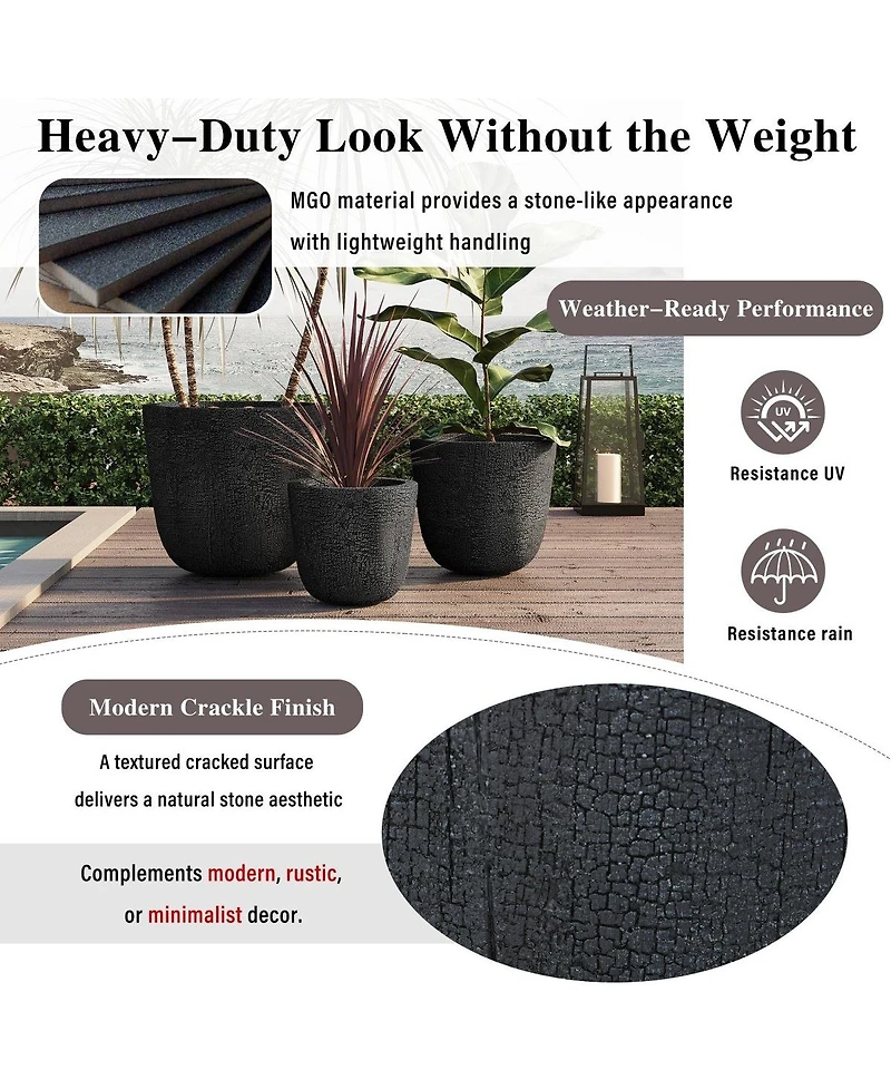 Asagikoiai3-Piece Mgo Outdoor Planter Set with Drainage, Crackle Stone Pots for Garden and Patio