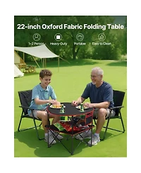 Yiortwo Folding Portable Camping Table Outdoor Picnic Round Table with 4 Cup Holders Storage Shelf and Side Pocket