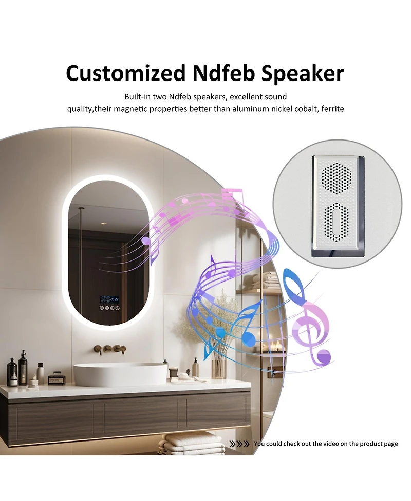 Luvodi 32"x20" Smart Oval Led Bathroom Mirror Bluetooth Speaker Time Temperature Display Front&Back Lit Memory Function