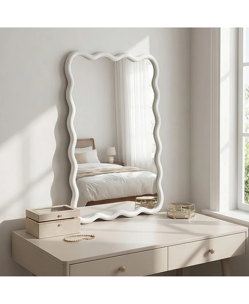 Phying Wavy Rectangle Decorative Wall Mirror Solid Wood Framed Hanging Mirror for Home Bedroom Bathroom Entryway Living Room