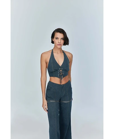 Jendue Women's Monte Denim Crop Top - Halter Neck and Lace-Up Detail