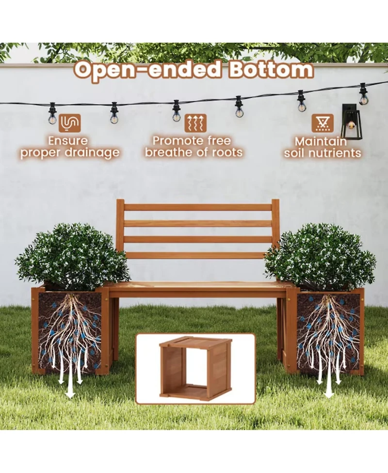 Yiortwo Outdoor Wooden Planter Bench with 2 Planter Boxes and Slatted Backrest