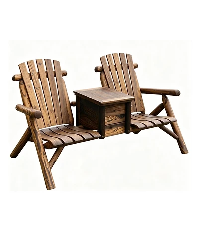 Yiortwo Double Adirondack Loveseat with Built-In Ice Bucket Table, Wooden Patio Chair