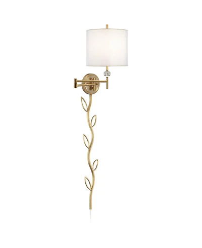 Possini Euro Design Kohle Modern Swing Arm Wall Lamp with Cord Cover Polished Brass Plug-in Light Fixture Inner Sheer Outer Shade for Bedroom