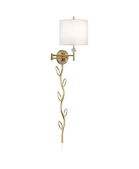 Possini Euro Design Kohle Modern Swing Arm Wall Lamp with Cord Cover Polished Brass Plug-in Light Fixture Inner Sheer Outer Shade for Bedroom