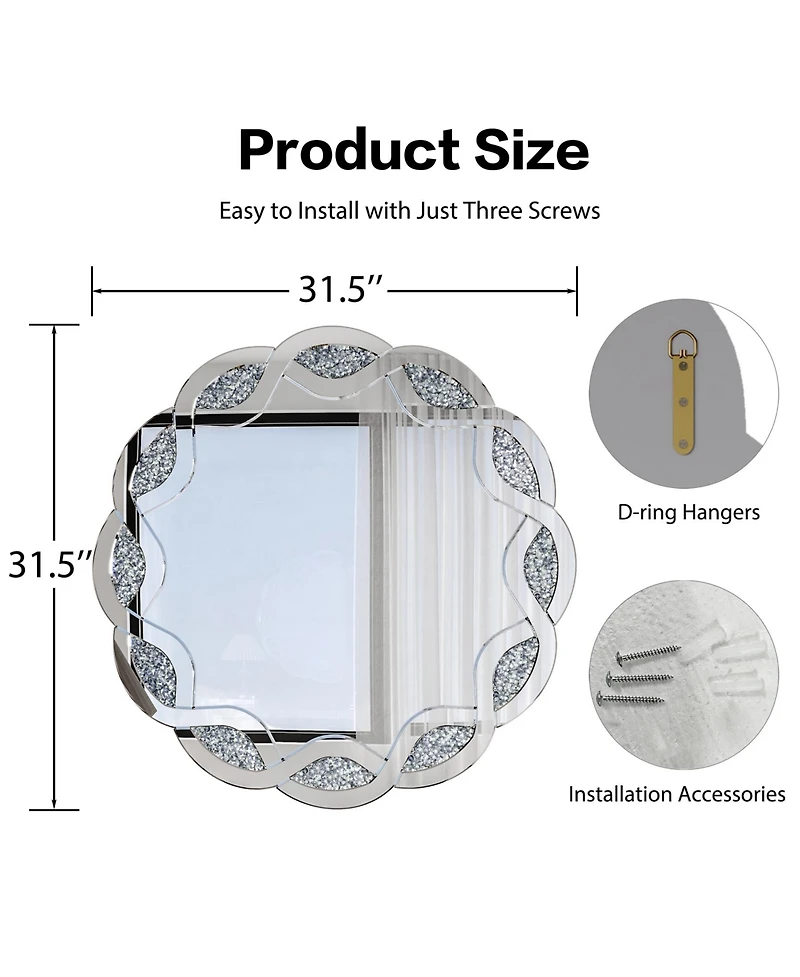 Phying Modern Wave Frame Round Wall Mirror 31.5 Inch Crush Diamond Decorative Mirror Heavy Duty Frame with Hangers for Living Room Bathroom Bedroom