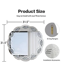 Phying Modern Wave Frame Round Wall Mirror 31.5 Inch Crush Diamond Decorative Mirror Heavy Duty Frame with Hangers for Living Room Bathroom Bedroom