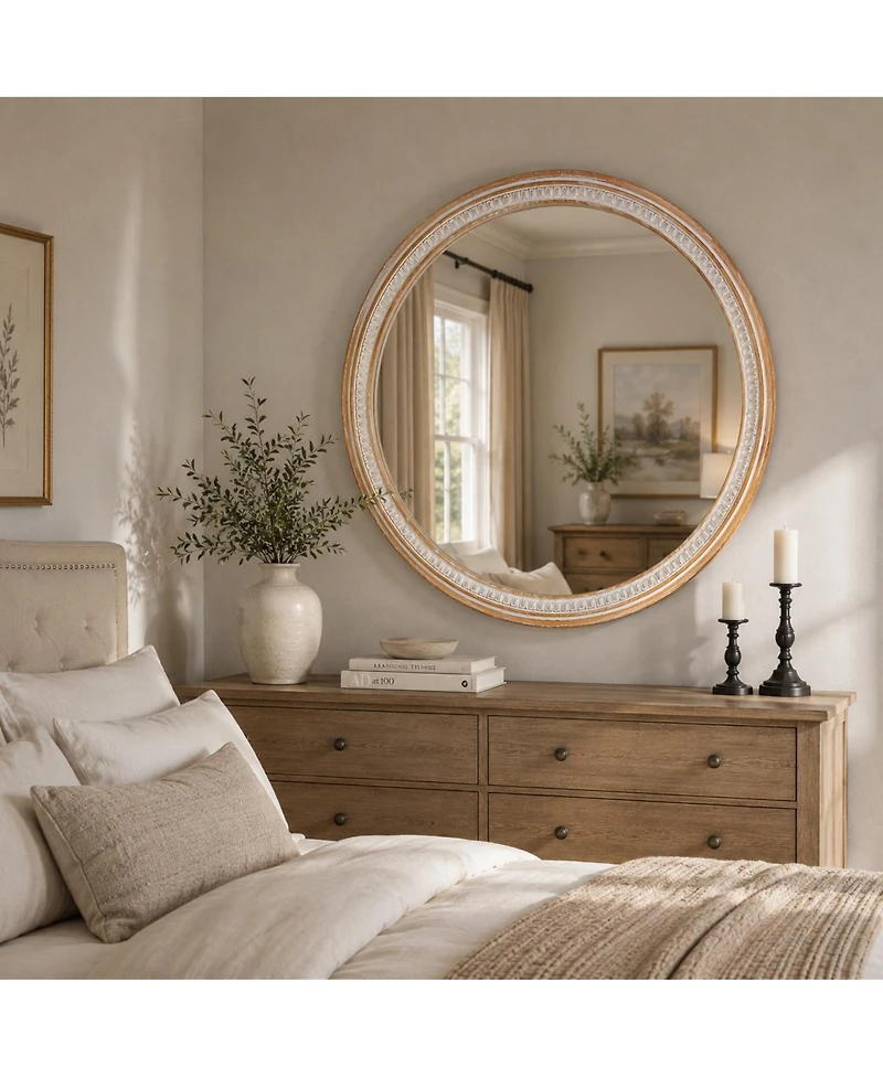 Phying 30 Inch Solid Wood Round Wall Mirror Farmhouse Boho Shabby Chic Decorative Vanity Mirror for Bathroom Living Room Entryway