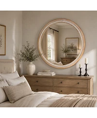 Phying 30 Inch Solid Wood Round Wall Mirror Farmhouse Boho Shabby Chic Decorative Vanity Mirror for Bathroom Living Room Entryway