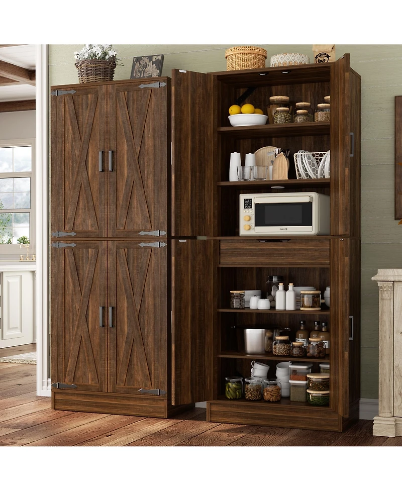 Aheaplus 71" Freestanding Kitchen Pantry Cabinet with 4 Doors, Large Storage Cupboard Drawer and Shelves