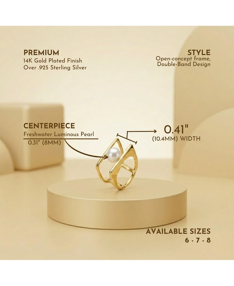 14k Gold Plated with White Genuine Freshwater Pearl Double Band Geometric Square Stacked Ring.