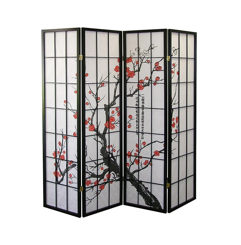 sumyeg 4-Panel Japanese Style Folding Screen Room Divider with Plum Blossom Design for Indoor Space Separation