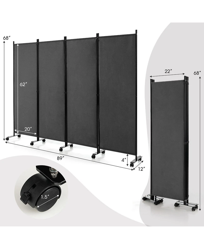 sumyeg 4-Panel Folding Room Divider Privacy Screen with Lockable Wheels for Indoor Use