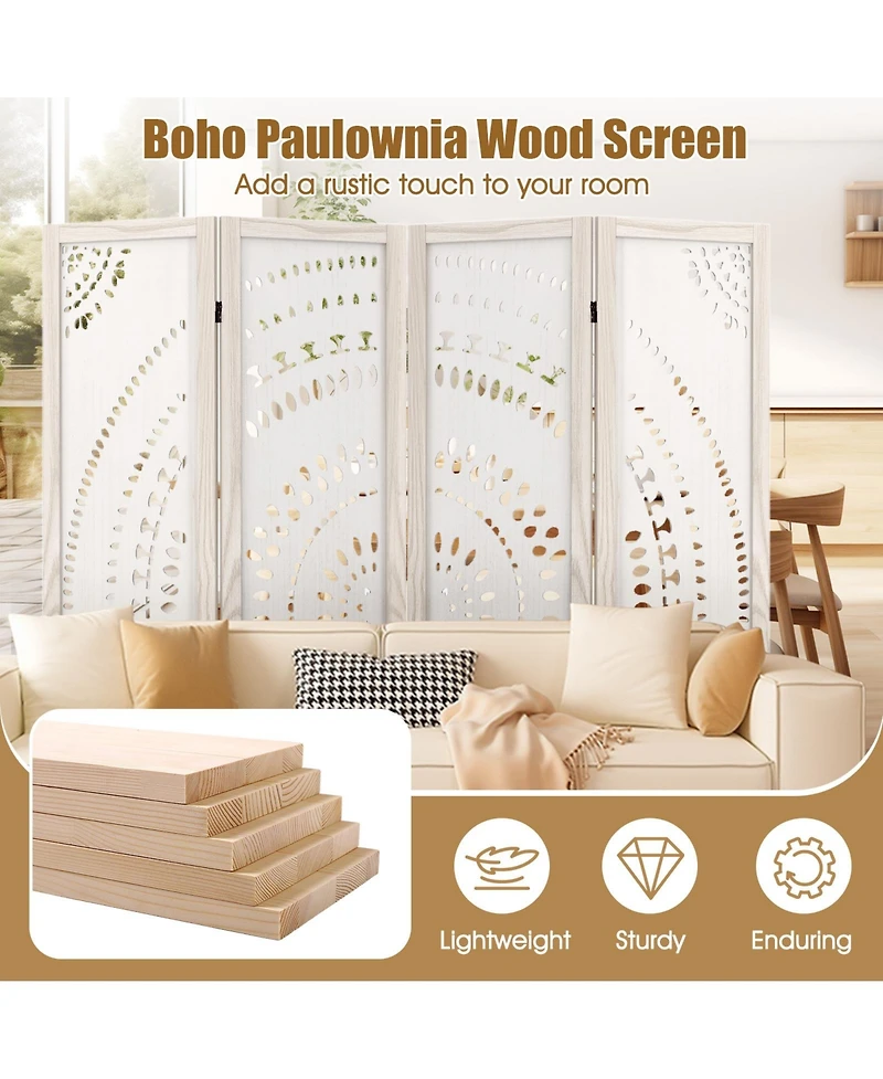 sumyeg 66-Inch Boho 4-Panel Room Divider Privacy Screen with Carved Pattern Design