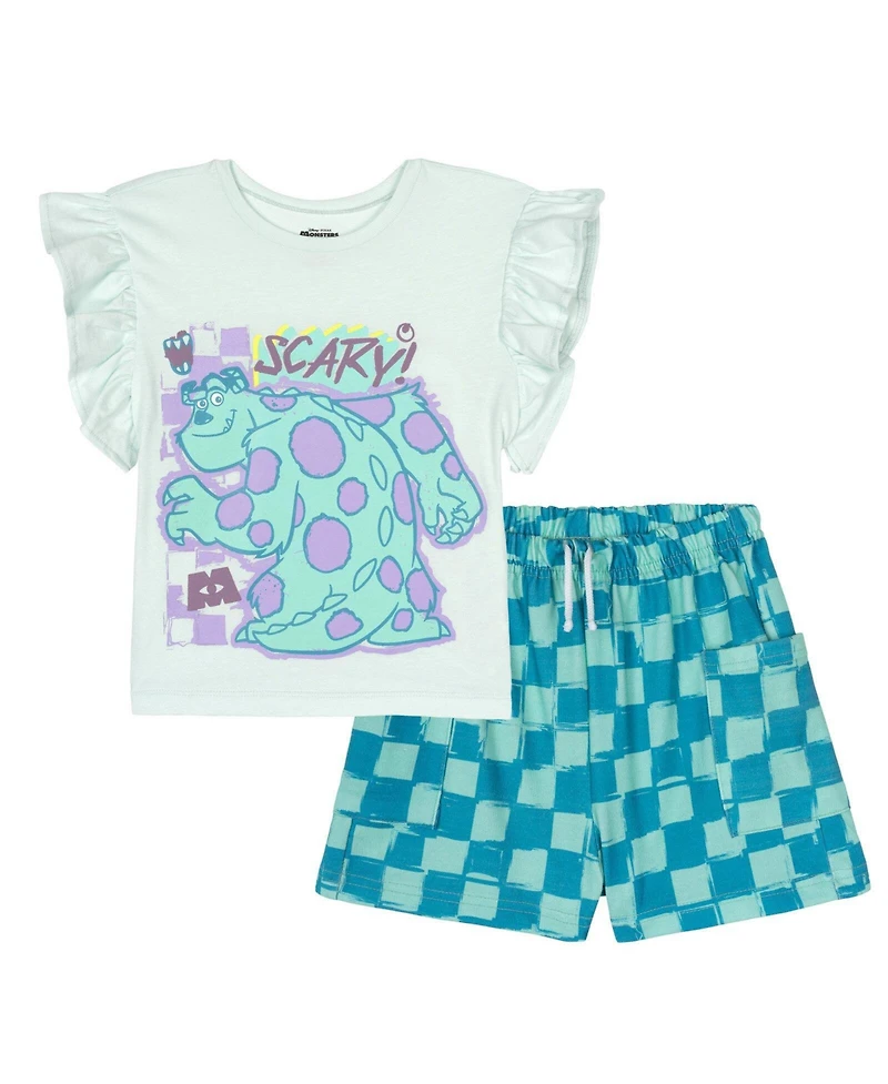 Monsters Inc. Girls Ruffle Short Sleeve Tee and French Terry Pocket Shorts Outfit