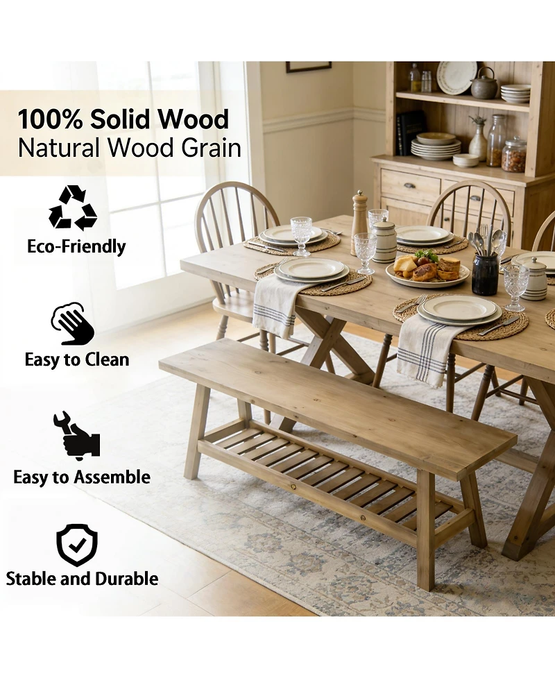 flynama 43" Distressed Farmhouse Solid Wood 2-Tier Entry Storage Bench