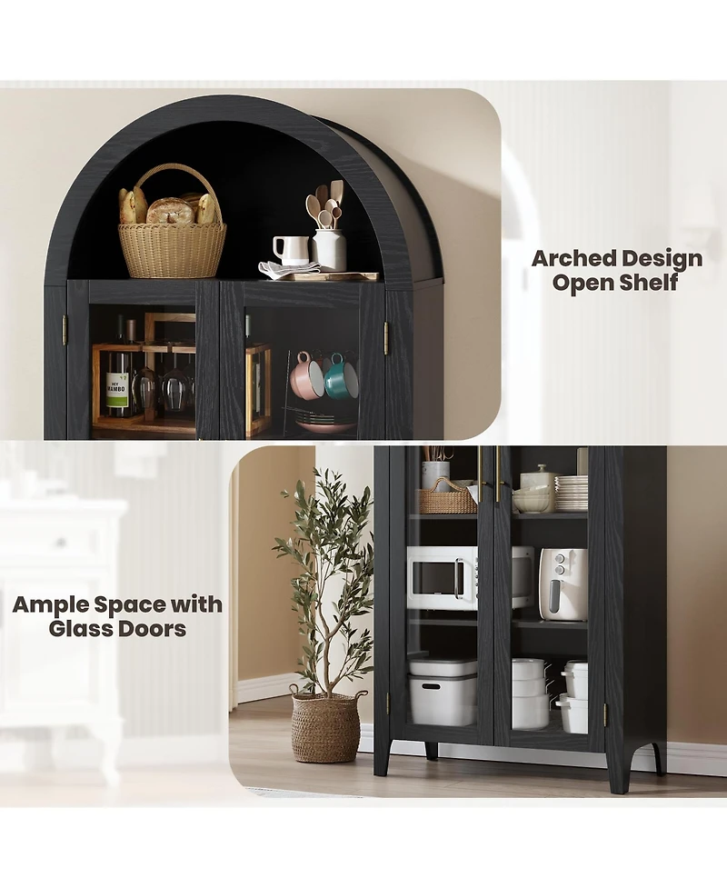 homfan Farmhouse 5-Tier Arched Pantry Cabinet, Display Shelf with Two Glass Doors and Adjustable Shelving, Multi-use Cupboard for Kitchen