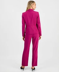 Kasper Womens Notch Lapel Single Breasted Jacket Printed Pleat Neck Sleeveless Top Ava Straight Leg Press Pleat Pants
