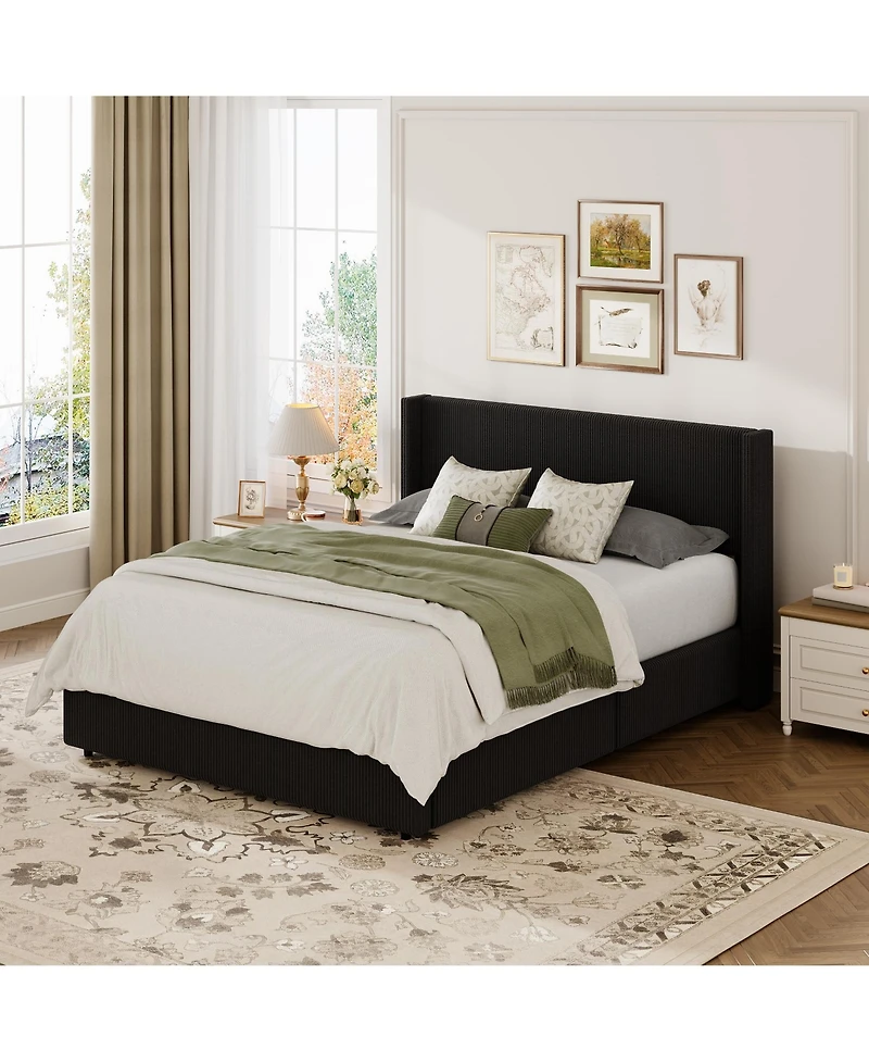 homfan Lift Up Storage Bed, Modern Corduroy Upholstered Platform Bed Frame with Wingback Headboard, Gas Hydraulic Storage