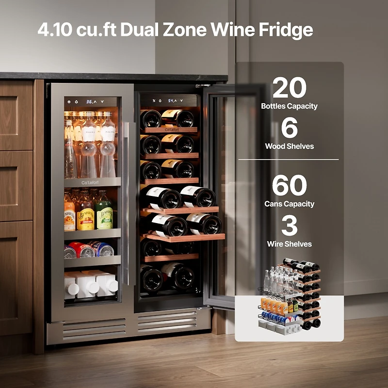 Ca'Lefort Wine and Beverage Refrigerator 24 Inch Dual Zone Wine cooler Holds 20 Bottles &60 Cans,Built-in/Freestanding Wine Fridge
