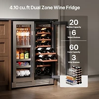 Ca'Lefort Wine and Beverage Refrigerator 24 Inch Dual Zone Wine cooler Holds 20 Bottles &60 Cans,Built-in/Freestanding Wine Fridge