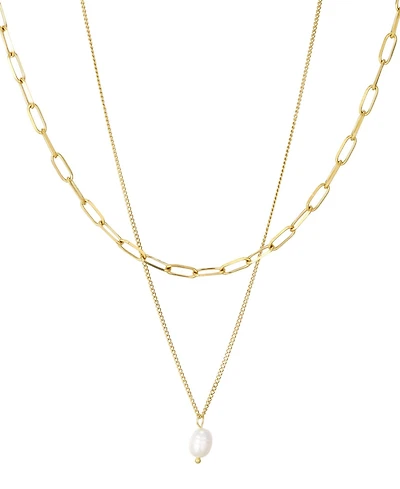 St. Moran Tarnish-Resistant Gold Set of 2 Natural Imitation Pearl and Paperclip Chain Lea Necklace Set