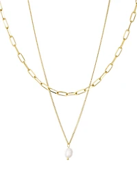 St. Moran Tarnish-Resistant Gold Set of 2 Natural Imitation Pearl and Paperclip Chain Lea Necklace Set