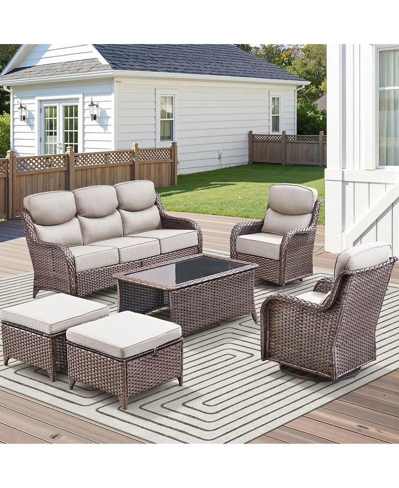 Pocassy 6 Pieces Outdoor Furniture Set Wicker Sofa with Swivel Rocking Chairs,Patio Ottomans,Outdoor Coffee Table