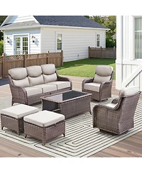 Pocassy 6 Pieces Outdoor Furniture Set Wicker Sofa with Swivel Rocking Chairs,Patio Ottomans,Outdoor Coffee Table