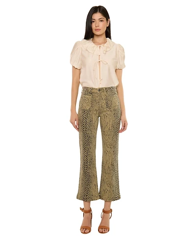 KanCan Women's Usa Juniors' High Rise Crop Flare Python Print Jeans