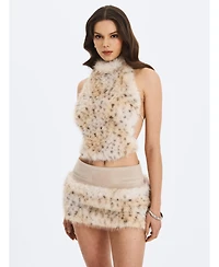 Miss Circle Women's Sasha Tan Cheetah Backless Contoured Fur Halter Top