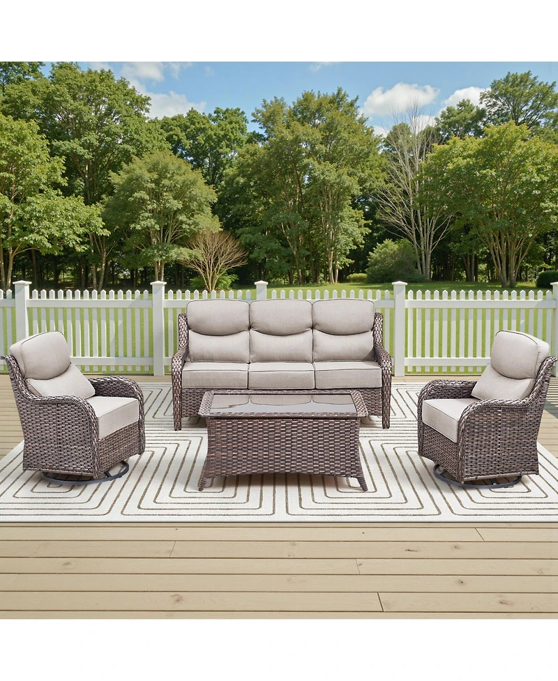 Pocassy High Back Patio Furniture Set with Swivel Chairs, Outdoor Wicker Conversation Sets 6" Comfy Cushions, 4 Piece Outside Sofa