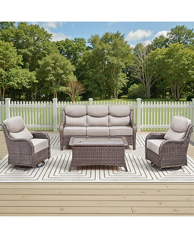 Pocassy High Back Patio Furniture Set with Swivel Chairs, Outdoor Wicker Conversation Sets 6" Comfy Cushions, 4 Piece Outside Sofa