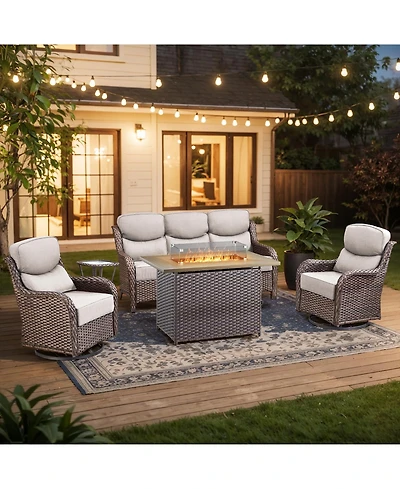 Pocassy 5 Pieces Patio Furniture Set with Fire Pit, Outdoor Wicker Sofa Couch Swivel Chair, Cushion, High Back All Weather Conversation