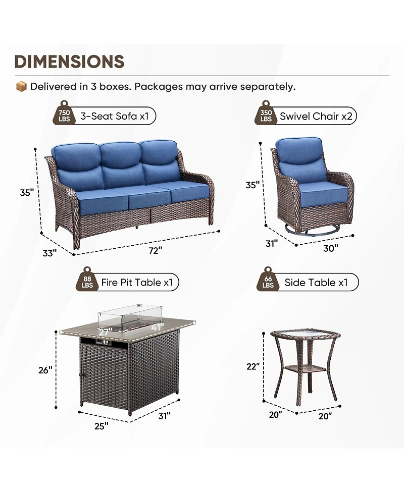Pocassy 5 Pieces Patio Furniture Set with Fire Pit, Outdoor Wicker Sofa Couch Swivel Chair, Cushion, High Back All Weather Conversation