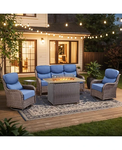 Pocassy 5 Pieces Patio Furniture Set with Fire Pit, Outdoor Wicker Sofa Couch Swivel Chair, Cushion, High Back All Weather Conversation