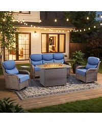 Pocassy 5 Pieces Patio Furniture Set with Fire Pit, Outdoor Wicker Sofa Couch Swivel Chair, Cushion, High Back All Weather Conversation