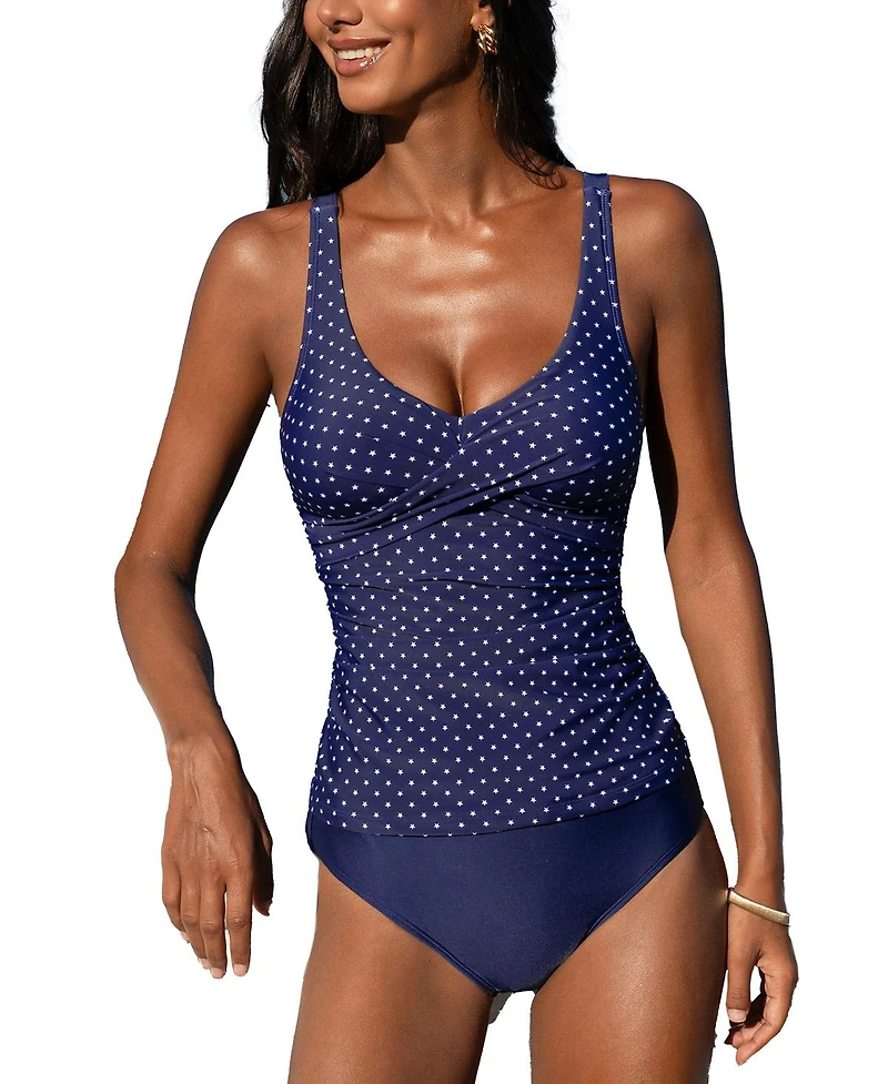 Cupshe Women's Wrapped Tankini Top & Tropical Mid-Rise Bottoms Set
