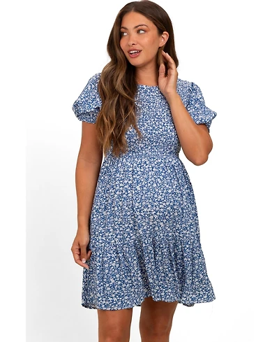 Pinkblush Maternity Blue Floral Puff Sleeve Smocked Dress